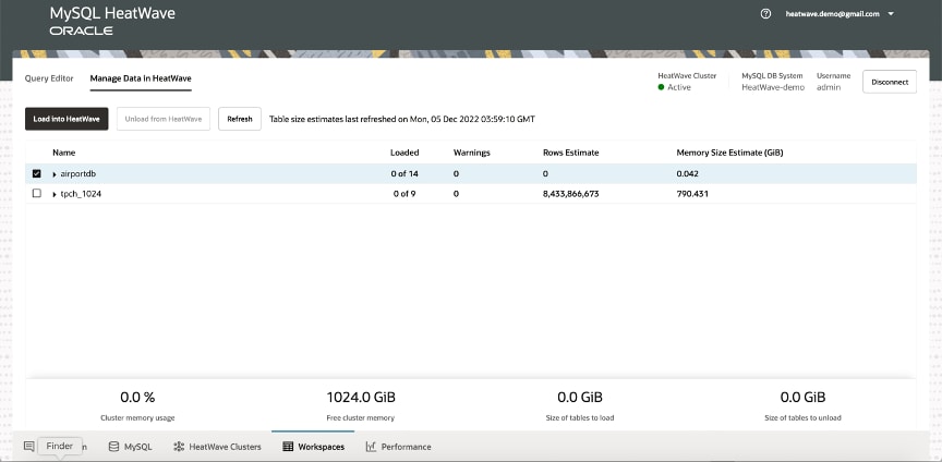 Screenshot of Manage Data in Heatwave tab