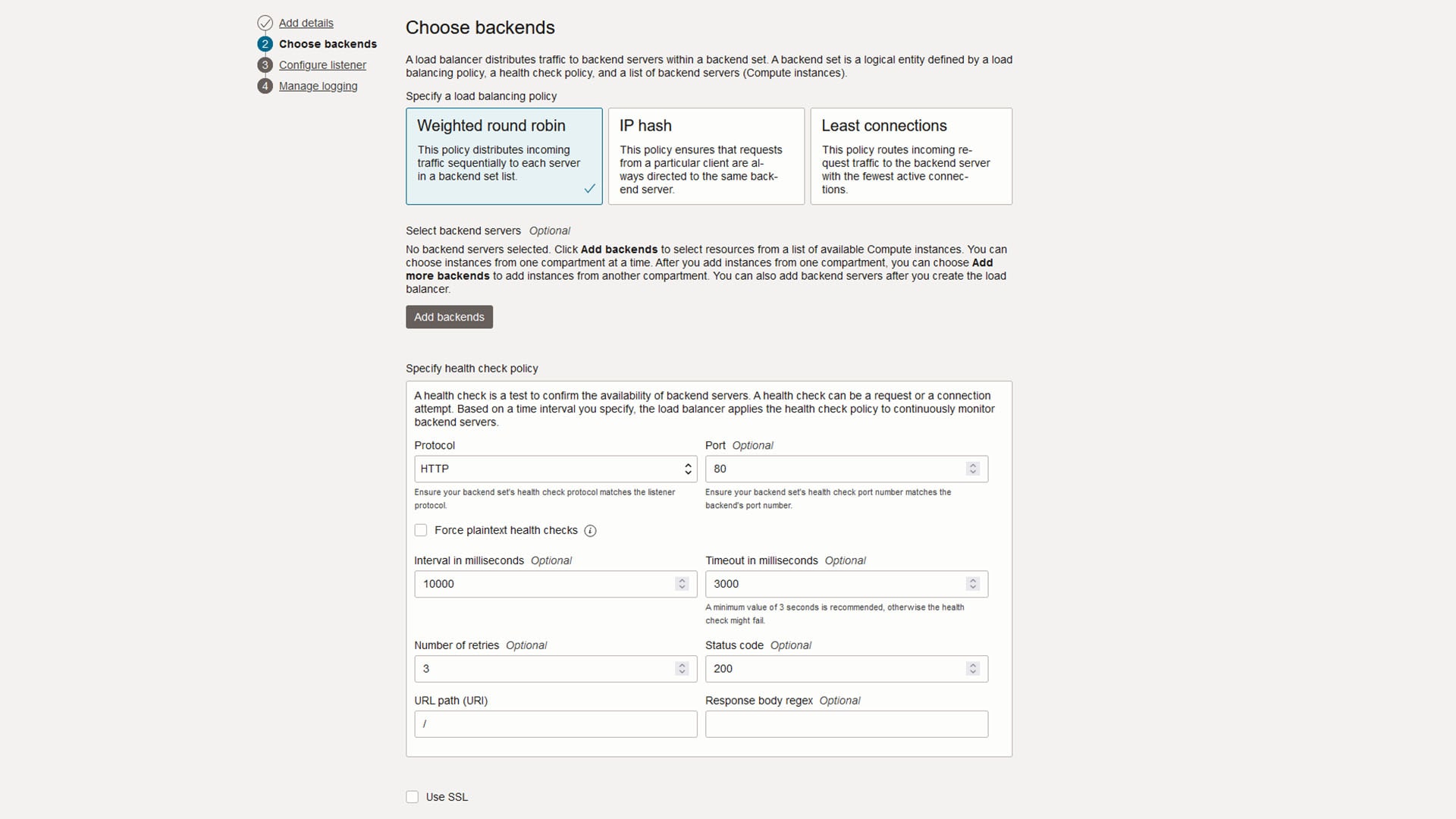 Create a load balancer - Choose backends view