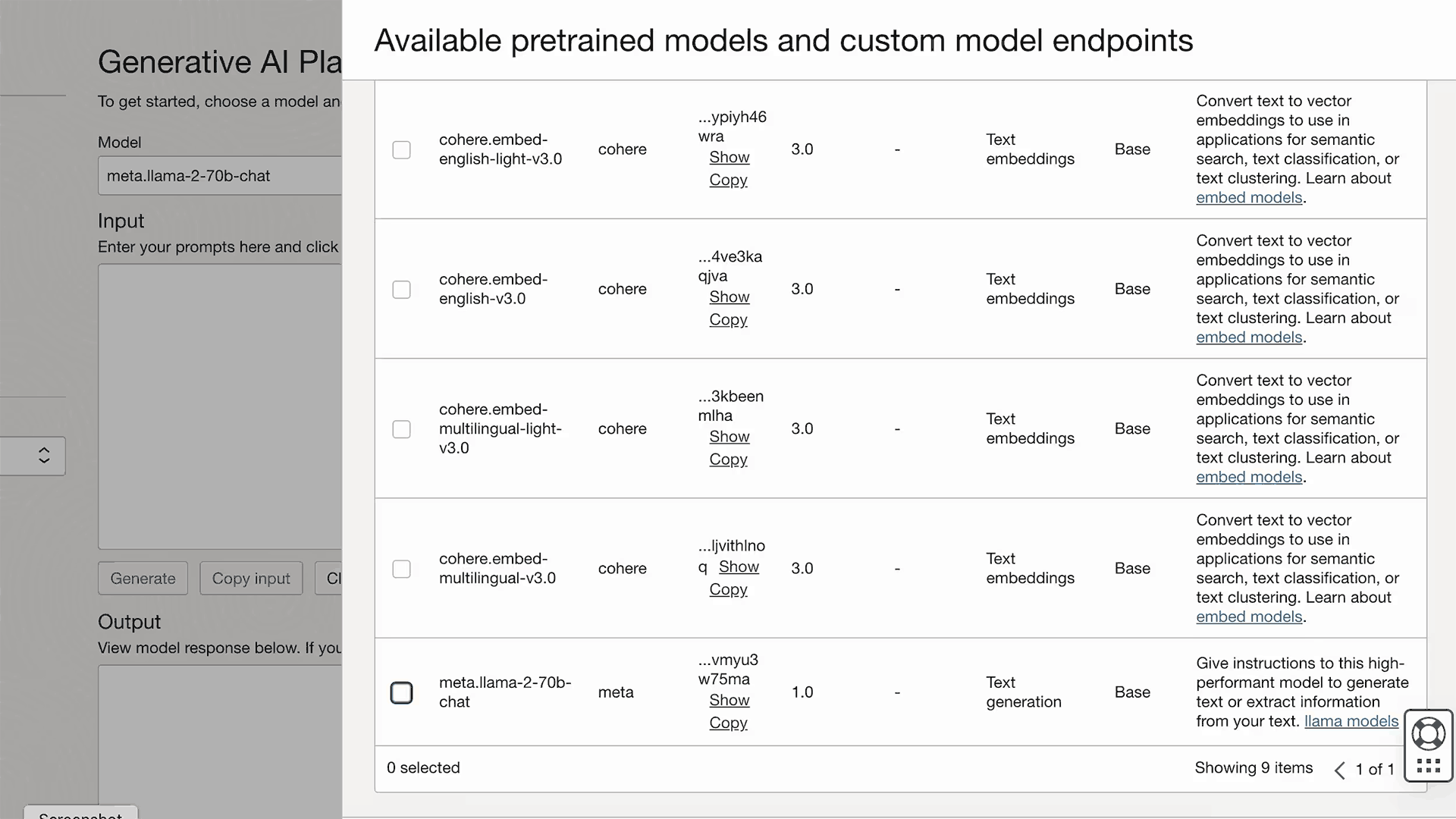 Available pretrained models and custom model endpoints view