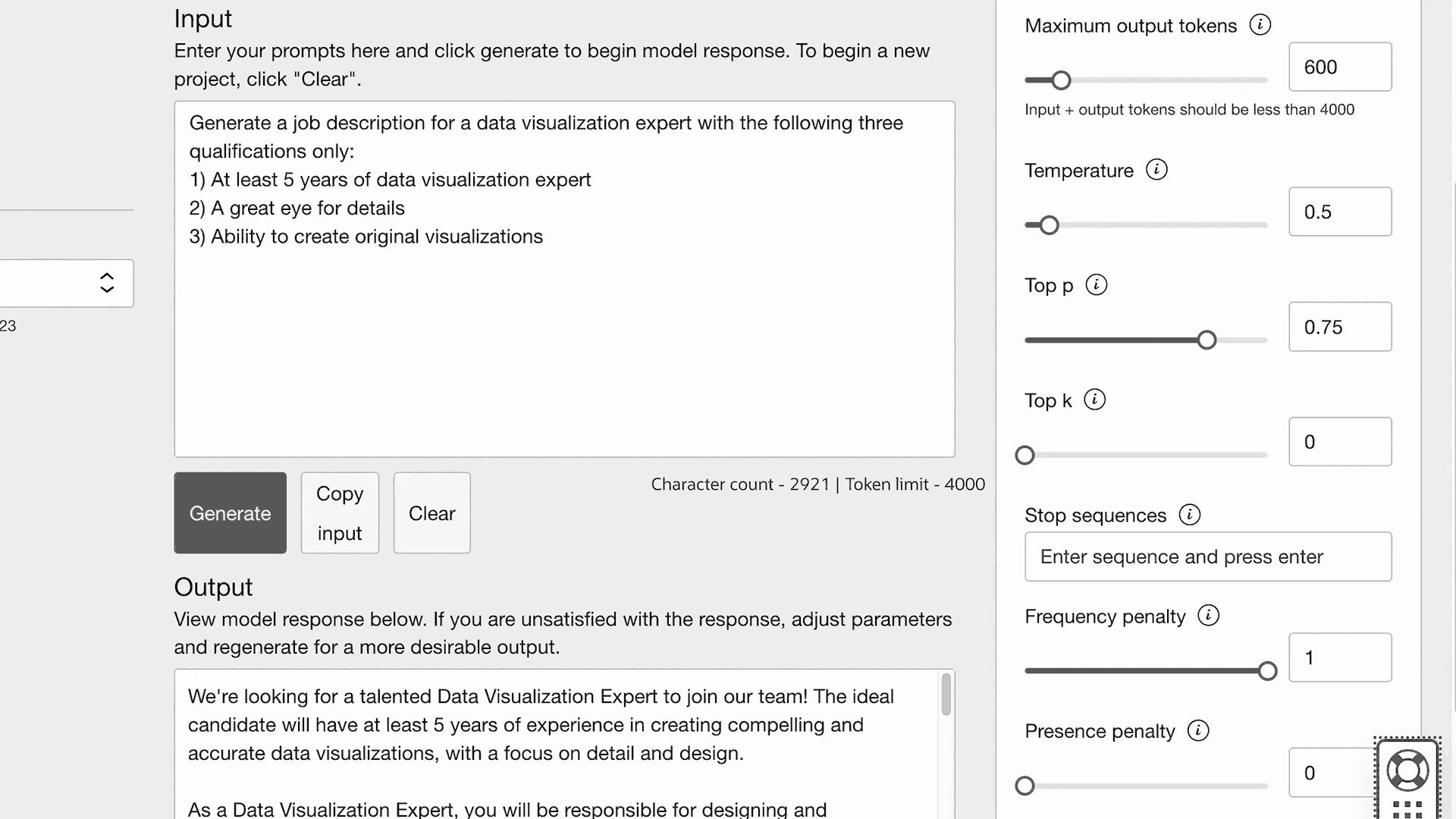 Text generation section view, details below